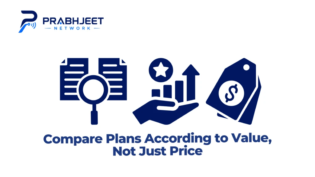 Graphic titled "Compare Plans According to Value, Not Just Price" featuring the Prabhjeet Network logo, magnifying glass document analysis, value bar chart on an open palm, and price tags. 
