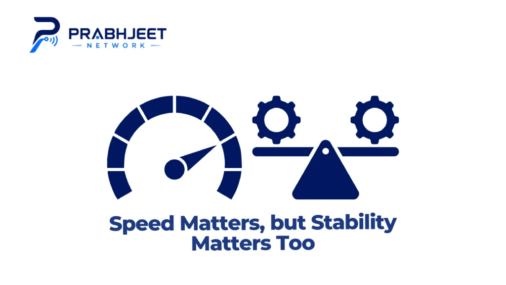 Graphic titled "Speed Matters, but Stability Matters Too" featuring the Prabhjeet Network logo, a internet speed gauge icon, and a balanced lever with gear icons. 